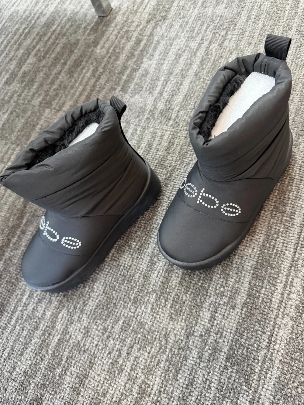 bebe Black Quilted Ankle Winter Boots with Rhinestone Logo